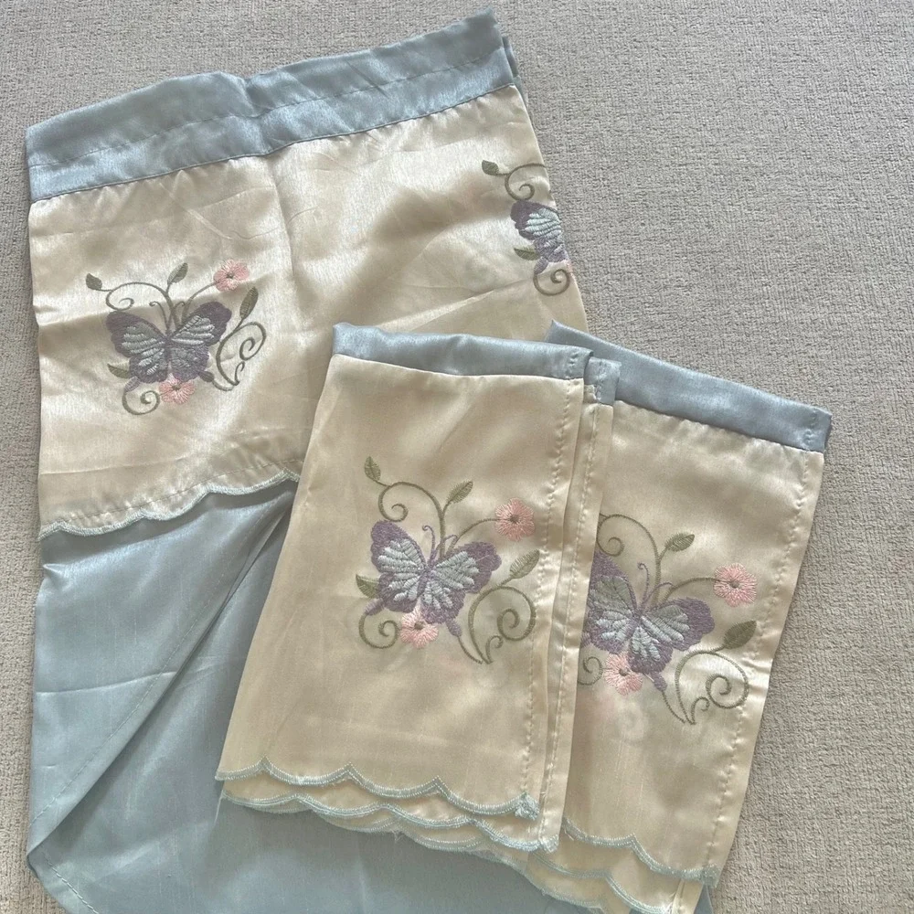 Better Homes and Gardens Butterfly 3 Piece Small Window Set Blue Cream Faux Silk
